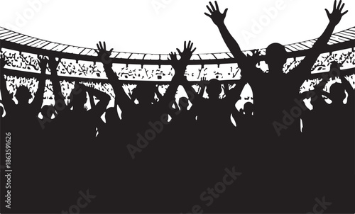 Silhouetted sports fans cheering with arms raised in excitement at a stadium match or concert event. , Generative Ai