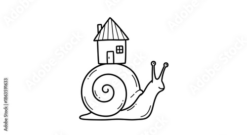 Hand-drawn illustration of a snail carrying a house on its back symbolizing home ownership and