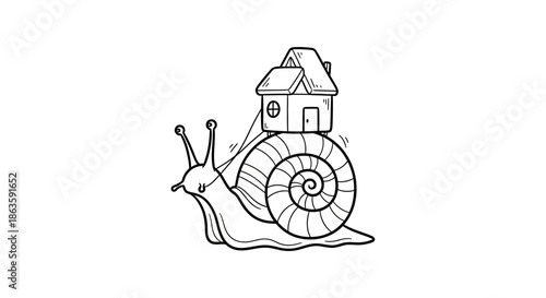 Whimsical snail illustration carrying a house on its shell home sweet home concept