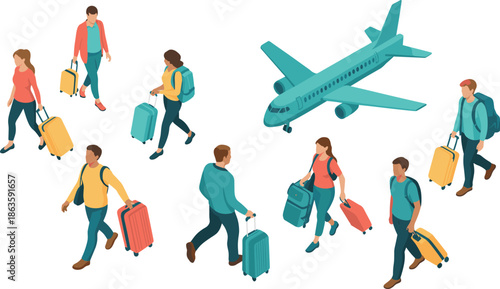 Isometric airport travel illustration, passengers walking with luggage, airplane departure concept, tourism business travel scene, modern transportation design