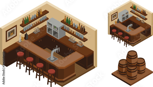 Isometric bar interior illustration, wooden pub counter with stools, bottles shelves and barrels, cozy tavern restaurant design concept