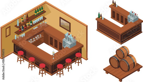 Isometric bar interior illustration, wooden pub counter with stools, bottles shelves and barrels, cozy tavern restaurant design concept