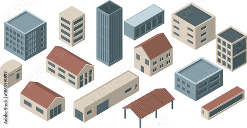 Isometric city building set illustration, residential commercial architecture collection, urban infrastructure elements, modern town construction design assets