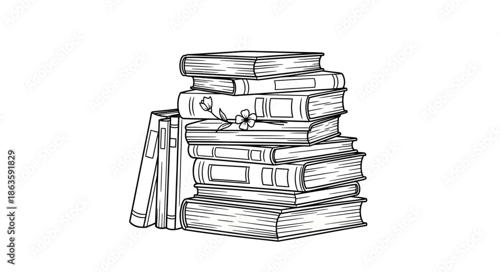 Φωτογραφία Hand-drawn illustration of a stack of books with floral embellishment on one of