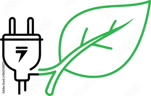 Eco-friendly green energy icon with a black power plug and green leaf line art vector.
