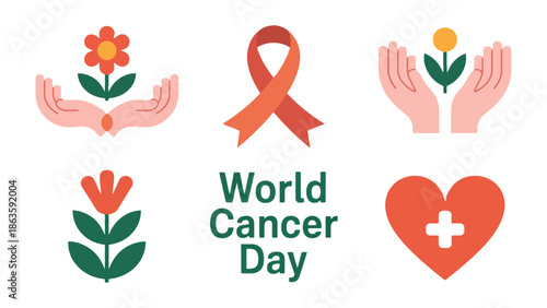 World Cancer Day Illustrations: A collection of symbols, including a ribbon, hands cradling flowers, and a heart, convey the message of support and hope for World Cancer Day.