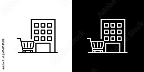Building with shopping cart icon representing commerce and retail business