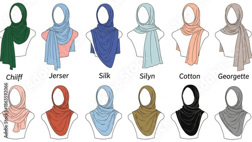 Collection of hijab styles and fabric types diverse fashion illustrations for Islamic clothing and modest wear isolated on white background