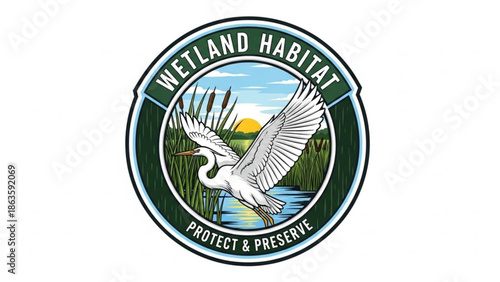 Great egret flying over wetland habitat protected ecosystem illustration for conservation and environmental awareness circular emblem design