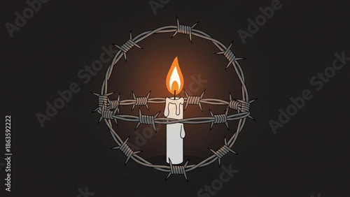 Candle in barbed wire circle symbolizing hope and confinement conceptual illustration for freedom and struggle dark background
