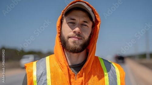 Wallpaper Mural A man wearing a bright orange reflective safety vest stands outdoors under a clear blue sky Torontodigital.ca