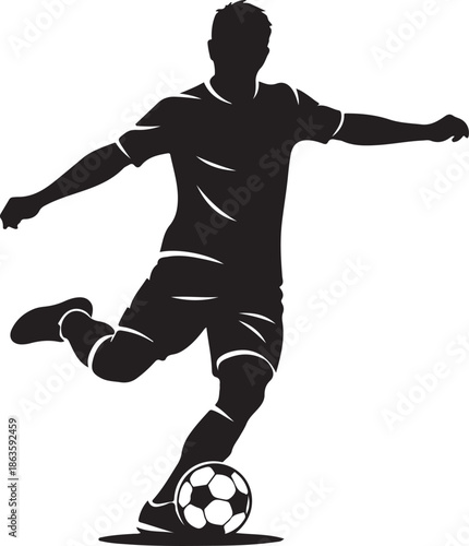 Silhouette of a Professional Soccer Player Kicking a Ball, Football Athlete Action Pose Striking Towards Goal , Generative Ai