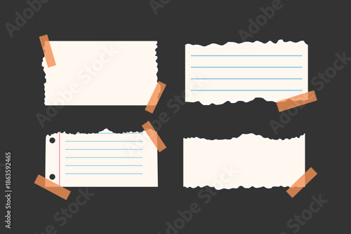 Torn white paper scraps cartoon illustration set. Ragged square pieces of notebook sheets with tape. Ripped empty notes or memo, blank damaged notepaper with shred edges. Scrapbook concept.