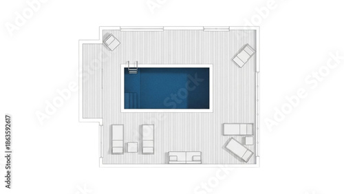 Modern backyard swimming pool with lounge chairs and deck furniture overhead view