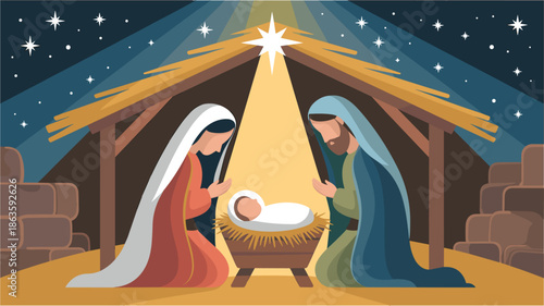 Nativity scene showing mary joseph and baby jesus in humble stable setting