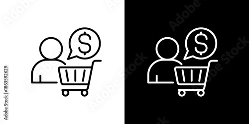 Illustration of a buyer with a shopping cart and speech bubble with dollar sign, isolated icon on white and black backgrounds