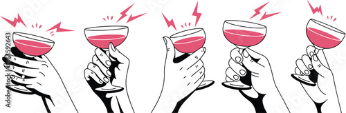 Stylized illustration of hands holding champagne coupe glasses, celebration toast, minimal vector art, festive drink concept, luxury party modern design