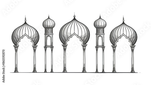 Architectural Elegance: A monochrome illustration of five intricate arches and domes, evoking the splendor and serenity of traditional Islamic architecture. 