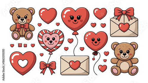 Love's Embrace: Collection of hearts and teddy bears, exuding warmth and affection, ideal for conveying feelings of love and connection.