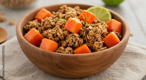 Closeup of a Wooden Bowl filled with Granola and Papaya Chunks