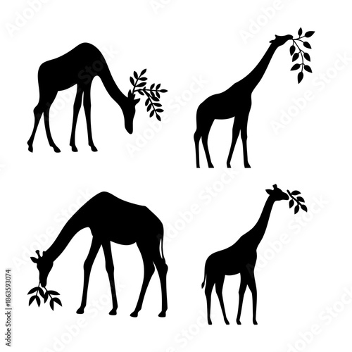 Giraffe silhouettes eating leaves in various poses, a minimalist safari animal collection