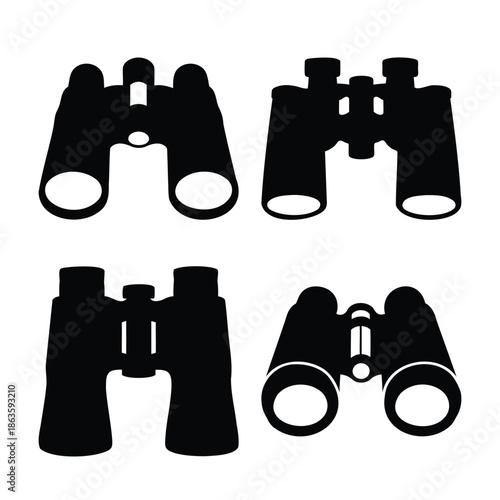 Collection of four distinct black silhouette icons representing binoculars for various uses