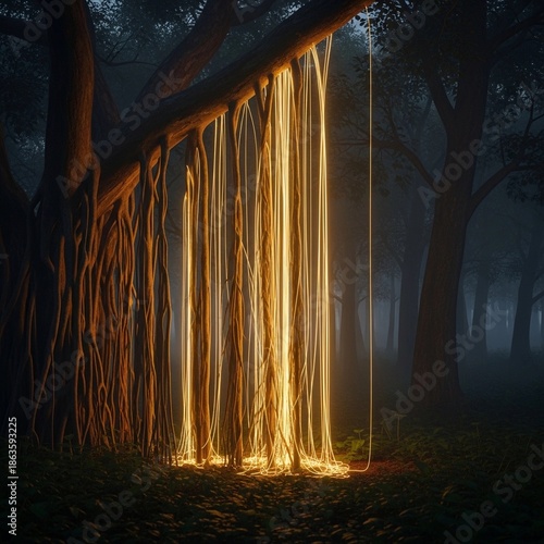 Akar pohon bercahaya di hutan mistis gelap berkabut