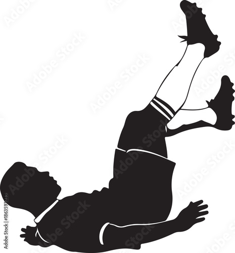 Silhouette of a soccer player mid-air during a fall or tackle, dynamic sports action illustration on white background. , Generative Ai