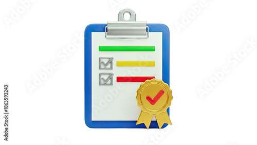 Clipboard with Checklist, Checkmarks, and Award Ribbon