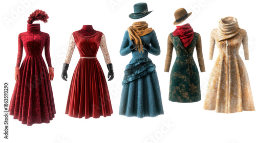 Velvet winter dresses paired with elegant scarves gloves and accessories on transparent background