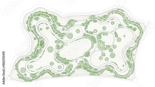 Top-down architectural plan of a lush green park with winding paths and water features