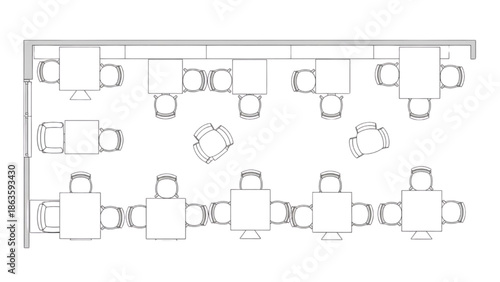 Office layout plan with cubicles and meeting tables for corporate environment