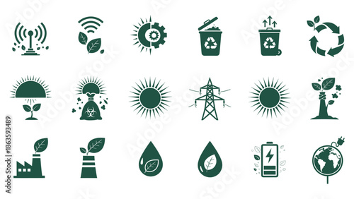 Collection of sustainable energy, recycling, and eco-friendly technology icons