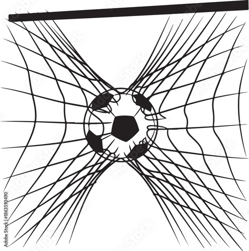 Stylized black and white illustration of a soccer ball caught in the net, goal score in a football match. , Generative Ai