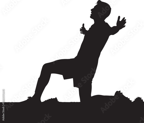 Silhouette of a soccer player celebrating a goal on his knees with arms outspread, victory and success. , Generative Ai