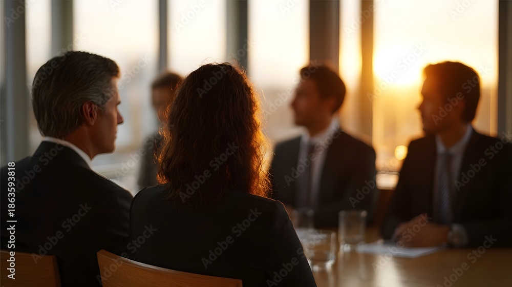 Obraz premium Professionals in a business meeting around a conference table illuminated by the warm glow of a golden hour sunset