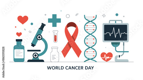 World Cancer Day: Symbolism of hope and science, with medical tools, red ribbon, heart shape in a visually striking layout. 