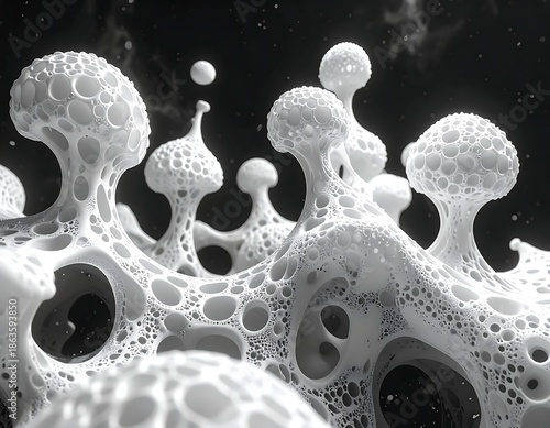 Surreal, intricate white cellular structures float against a dark backdrop