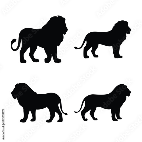Collection of bold black lion silhouettes in various majestic poses on a pure white background