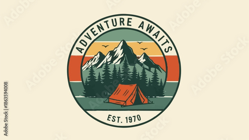 Adventure awaits vintage mountain camping graphic.