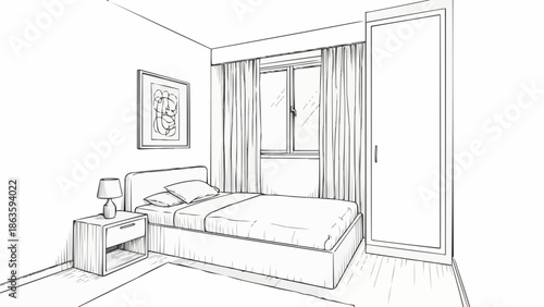 Hand drawn sketch of a modern bedroom interior design.