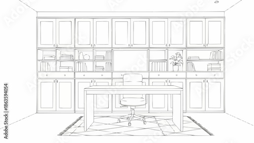 Modern Home Office Design Sketch with Desk and Shelving.