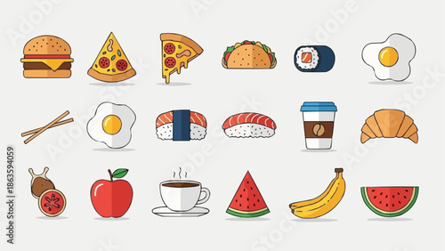 Collection of various food and drink icons in a flat design style.