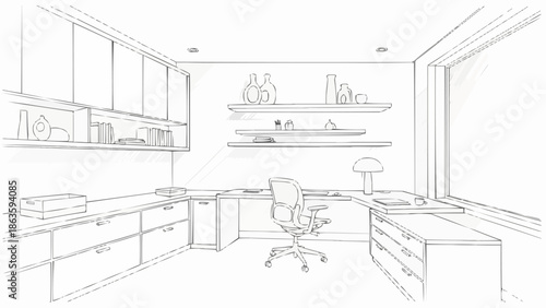 Modern Home Office Design Sketch with Desk and Shelving.