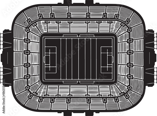 Technical top-down architectural plan illustration of an American football stadium field and seating. , Generative Ai