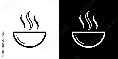 Elegant monochrome vector icon depicting a bowl emitting steam, symbolizing hot cuisine, comfort food, or a warm beverage, suitable for various design projects
