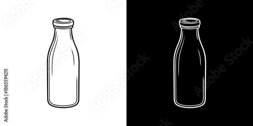 Black and white outline of a milk bottle on a white background and a milk bottle on a black background