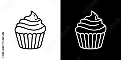 Simple and modern vector line art of a frosted cupcake in black and white, a versatile graphic for confectionery branding, patisserie menus, and dessert-related applications