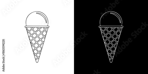 Simple line art icon of an ice cream cone, a delightful frozen dessert, perfect for menus, summer designs, and sweet treat illustrations with a minimalist aesthetic