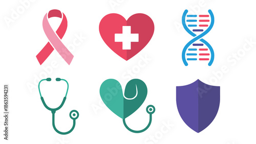 Healthcare Icons: A collection of health and medical symbols, including ribbons, hearts, and DNA strands, representing health, medicine, and support.